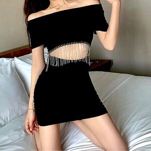 NWT Fringed Open-Waist Off-The-Shoulder Bodycon Dress